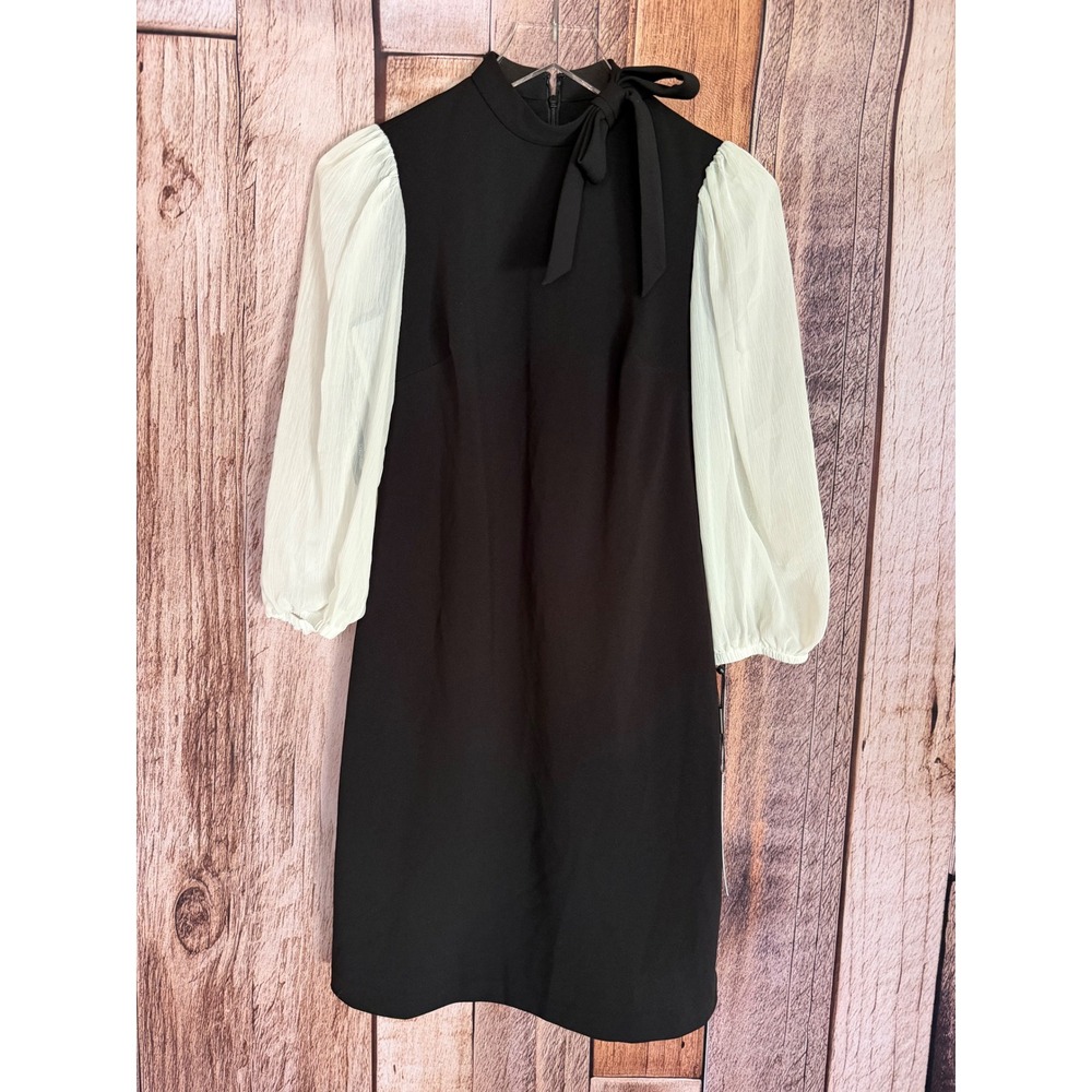 Calvin Klein Tie Neck Sheer Balloon Sleeve A-Line Mini Dress Black Size 2 NWT